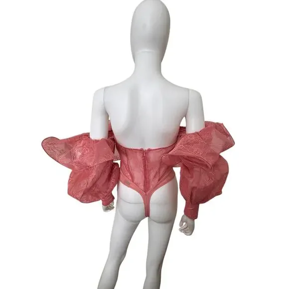 NEW ASOS LUXE lace bodysuit with wire bardot in blush ~ - Picture 6 of 11